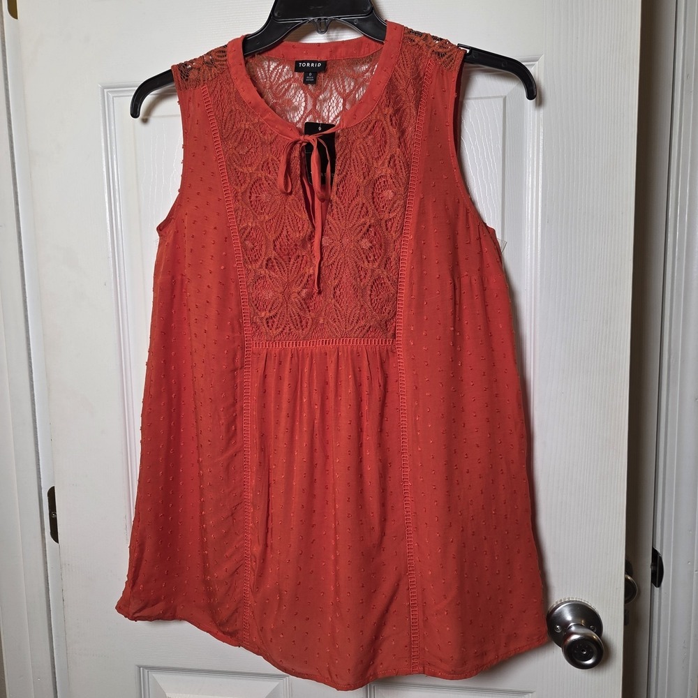 Torrid‎ sz 0 Large orange swissdot lace slvless top NWT casual boho peasant